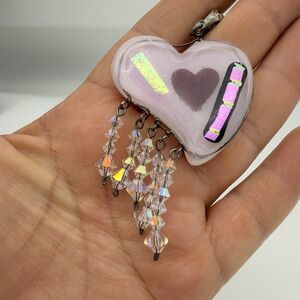 Vtg Sterling Silver Dichroic Glass Pendant Pink Heart Dangle Modernist Abstract